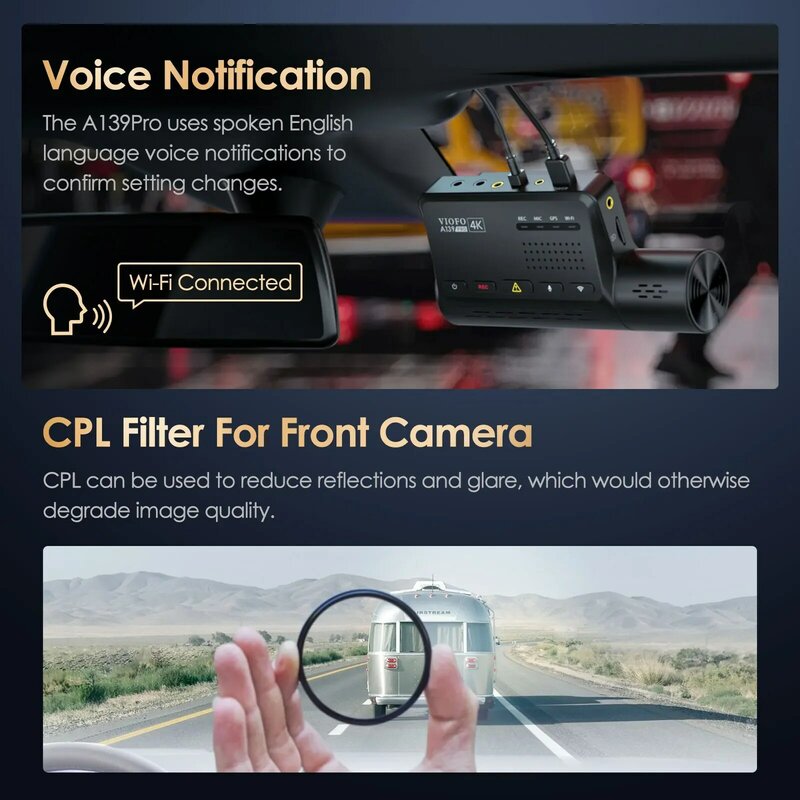 กล้องติดรถยนต์ vofo A139 Pro 4K HDR startvis 2เซ็นเซอร์กล้องหน้าและหลังอัลตร้า HD 4K + 1080P ซูเปอร์การมองเห็นได้ในเวลากลางคืน5GHz WIFI GPS