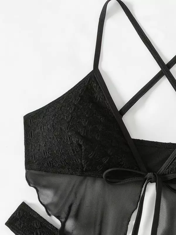 Conjunto de Bikini negro de manga larga para mujer, traje de baño Sexy de 4 piezas con tirantes de malla, corte alto, 2024