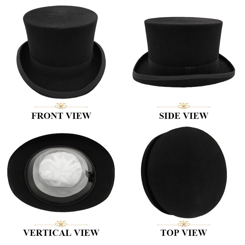Sombrero de copa plano de lana 2024 para hombre, gorra de mago versátil, sombrero Steampunk con correa de cilindro para caballero, elegante, de lujo negro
