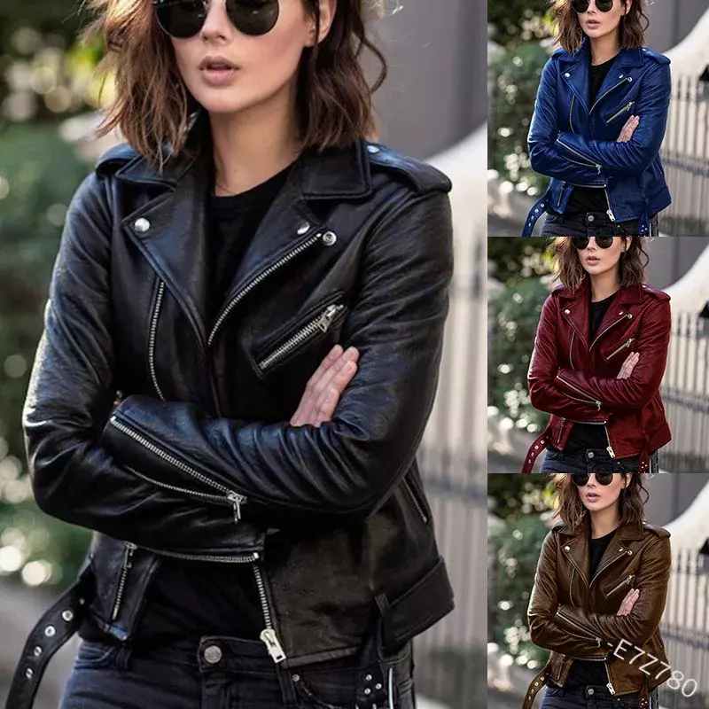 Jaqueta de motociclista de couro feminina, casaco de couro, curto, justo, inverno, outono, novo, 2022