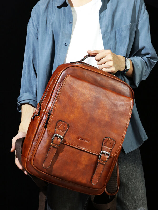 High Quality Vintage Vegetable Tanned Cowhide Backpack Leather Large Capacity Men's Casual First Layer Business Computer Bag