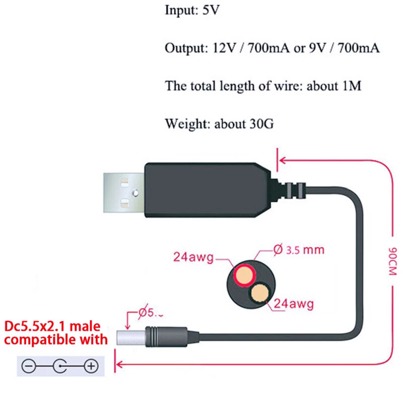 USB 전원 부스트 라인 스텝 업 모듈, USB 컨버터 어댑터 라우터 케이블, 2.1x5.5mm 플러그, DC 5V-DC 9V, 12V
