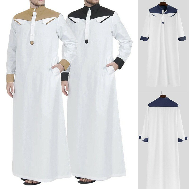 Vestido muçulmano tradicional masculino, vestido muçulmano, mangas compridas, Jubba Thobe, roupa de gola mandarim, Oriente Médio