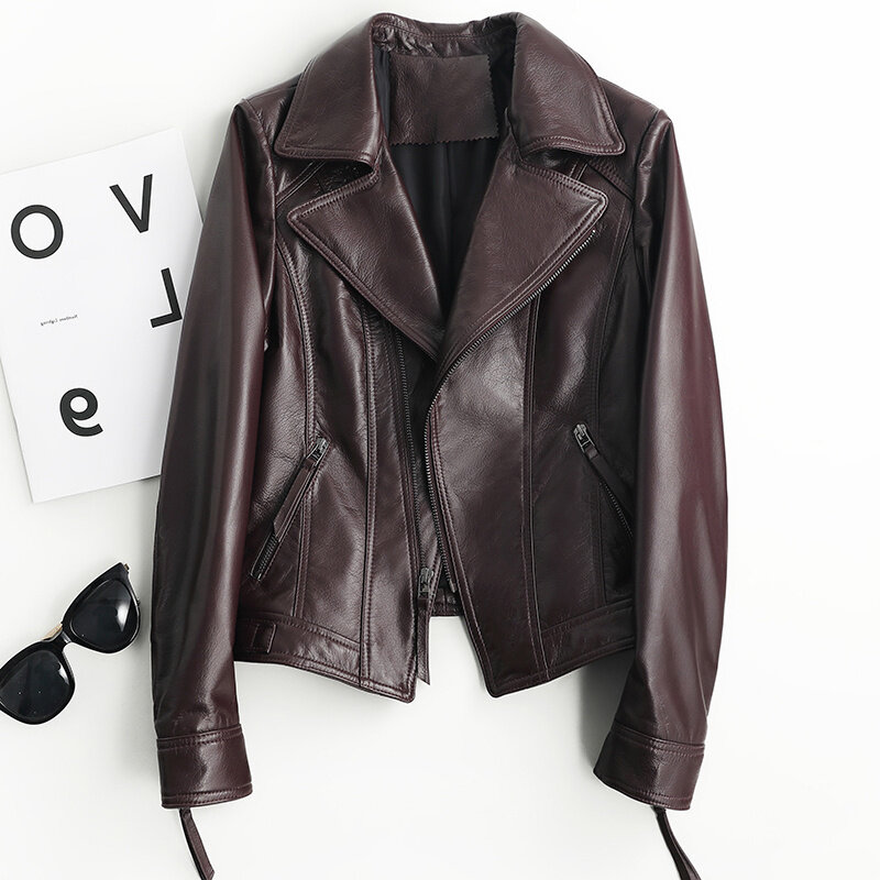 女性のための本革のジャケット,短いシープスキンジャケット,ワインレッドのオートバイのジャケット,新しい春と秋のコレクション,2023