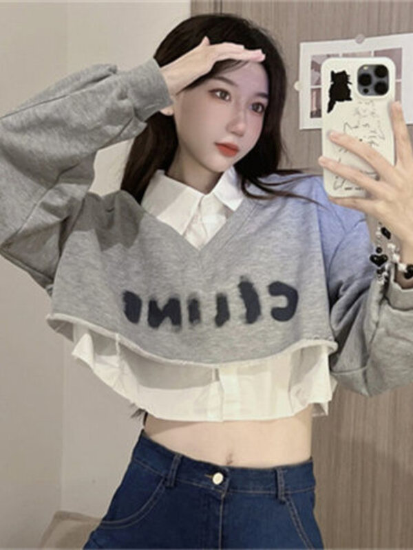 Sweatshirt Shirt Sets Women Solid Fashion Loose Daily Students Spring American Style Design Retro Cozy Casual Simple All-match