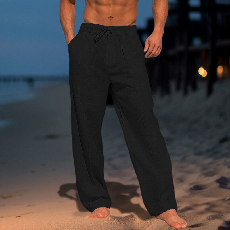 Calça casual de linho de algodão praia masculina, monocromática, reta solta, com cordões de lazer, primavera, verão
