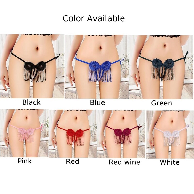Women Sexy Embroidery Flower Pearl Lingerie Tassel Thongs Open Crotch Panties Crotchless Erotic Underwear Sensual Lady Knickers