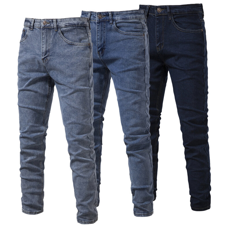 2023 Autumn New Jeans Men's Solid Color Slim Fit Straight Trousers for Men Quality Cotton Business Casual Wear Denim Jeans Pants