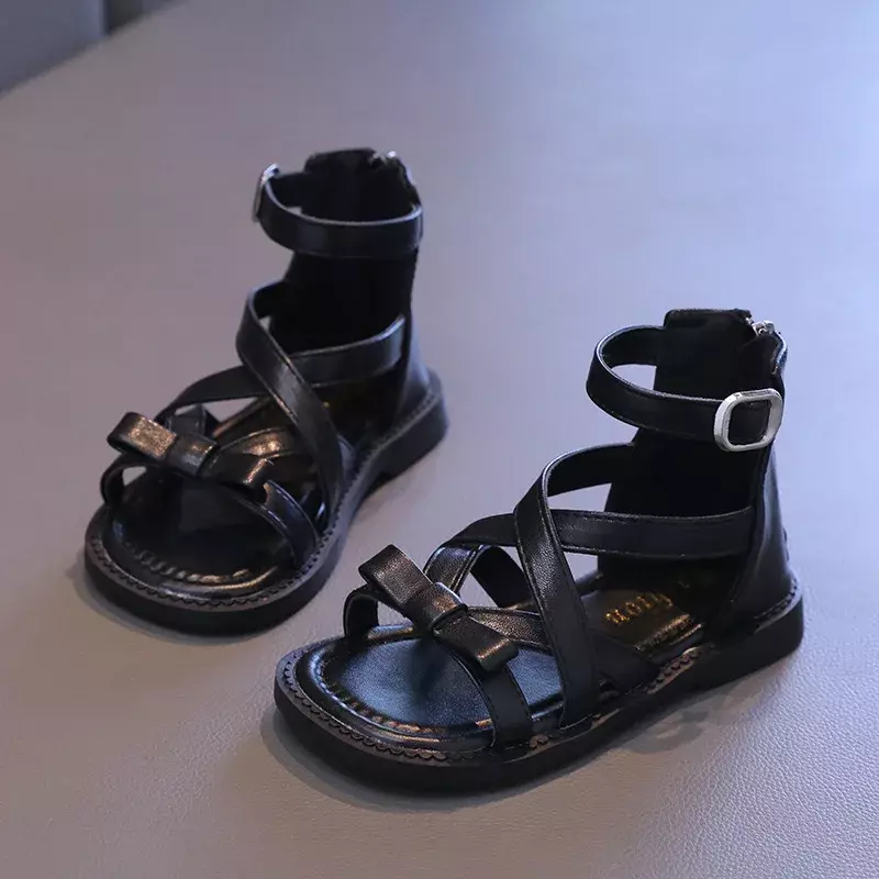 รองเท้าแตะเปิดนิ้วเท้าสำหรับเด็กผู้หญิง, รองเท้าสานแฟชั่นสีเบจสีดำมีซิปด้านบนของเด็กรองเท้าแตะโรมัน