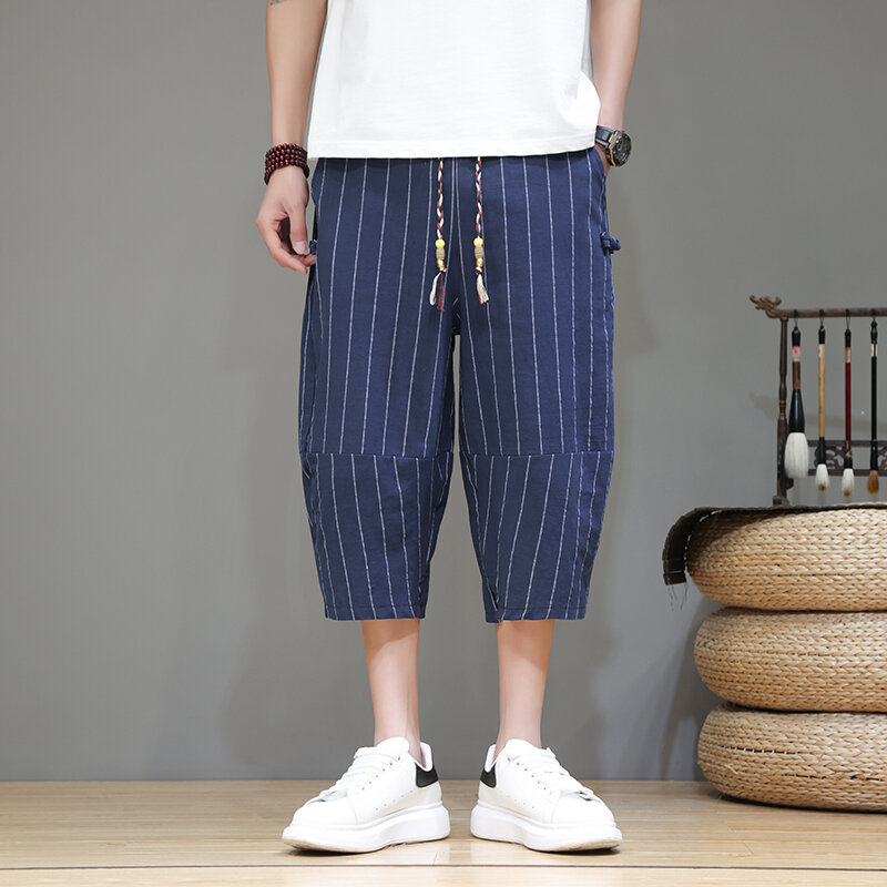 Letnie męskie spodnie Harlan luźne spodnie męskie w luźne paski spodnie do łydki męskie z elastyczną talią w stylu Vintage nowa, w stylu Streetwear