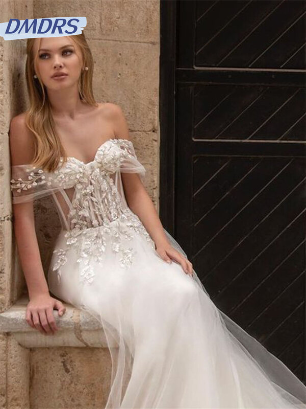 Elegantes Tüll Brautkleid 2024 einfache Applikation Abendkleid charmante A-Linie Brautkleid Robe de Mariee