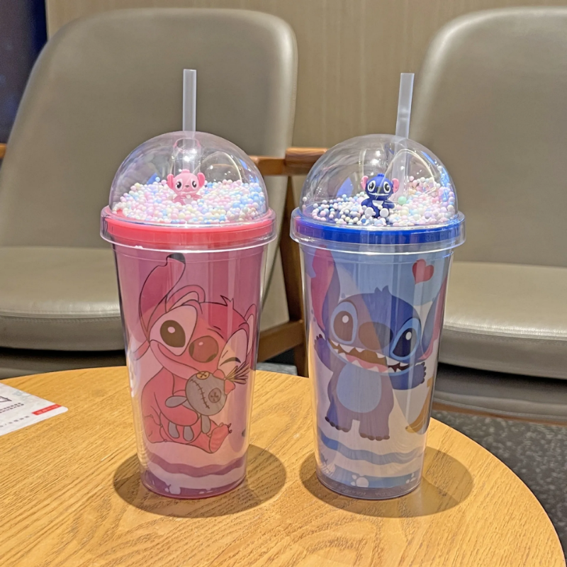 Disney-Lilo & Stitch Double Layer Plastic Water Cup com palha, Caneca criativa portátil do presente, Leite Café Chá Handy Cup, 450ml
