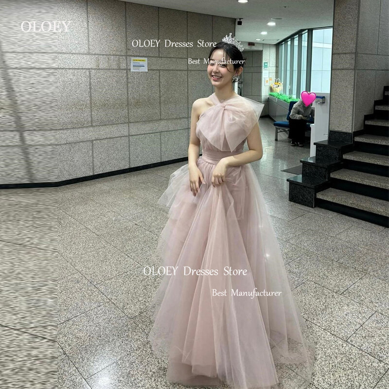 Oloey Fee Stoffige Roze Tule Avondjurken Korea Bruiloft Fotoshoot Boog Vloer Lengte Galajurken Feestjurk Lang