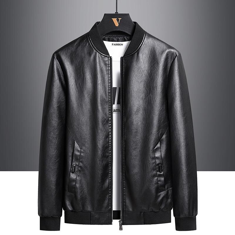Men's PU Jacket Casual and Fashionable Bomber Pilot Windproof Standing Collar Top Retro Black Motorcycle Pocket Zippered Coat