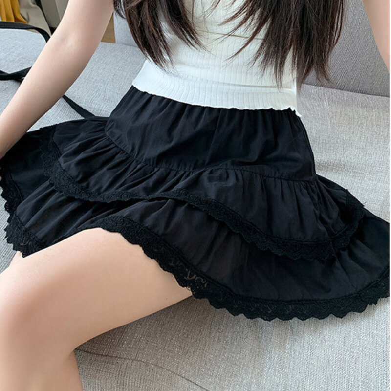 Rok renda kue gaya balet untuk wanita, rok A-Line hitam putih manis pinggang tinggi musim panas modis Korea 2024