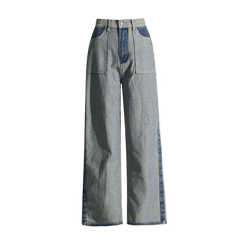 ROMISS Casual Fashion pantaloni larghi in Denim per donna tasche Patchwork a vita alta Streetwear Jeans Vintage Colorblock femminili