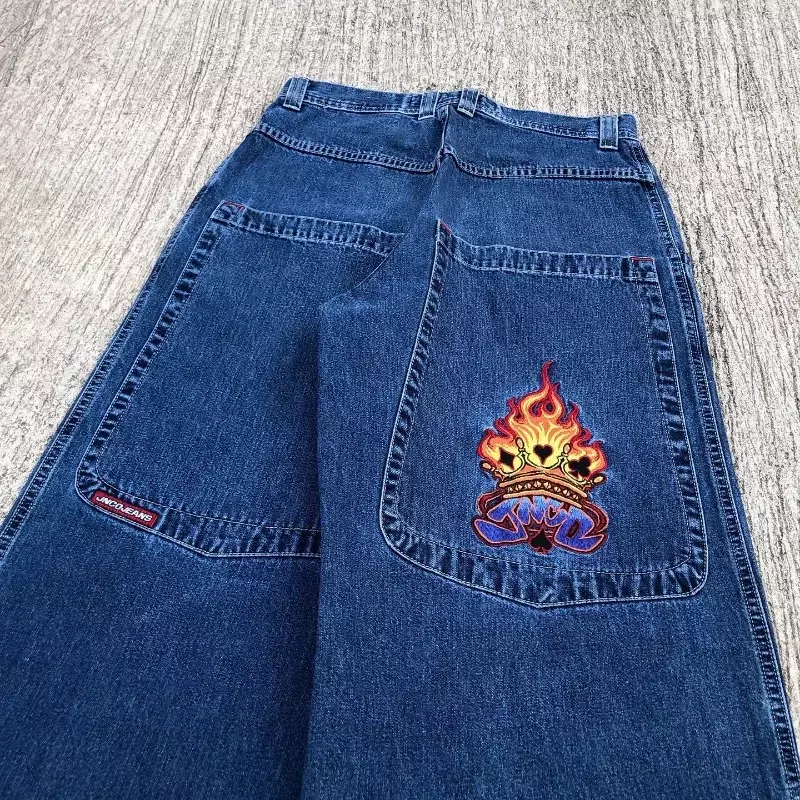Женские джинсы JNCO Y2K в стиле Харадзюку, Готическая вышивка в виде пламени и покера, женские джинсы с широкими штанинами в стиле хип-хоп