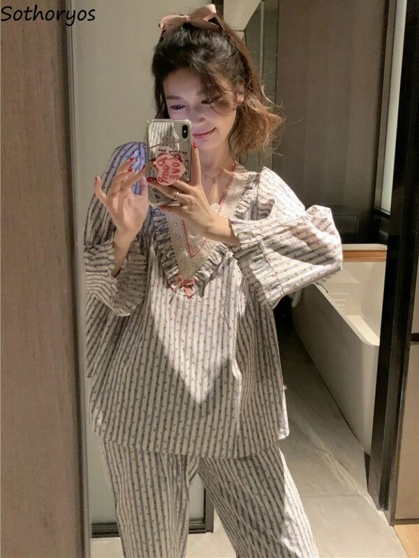 Gestreifter Pyjama setzt Frauen V-Ausschnitt Herbst zarte Rüschen süße Heims tu denten koreanischen Stil Langarm Nachtwäsche lässig All-Match