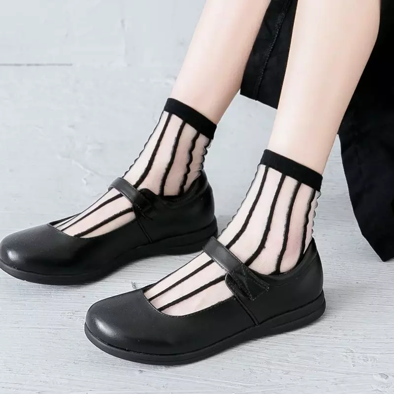 ถุงเท้าผ้าไหมคริสตัลฤดูร้อน Ultra-Thin Crew ถุงเท้าแฟชั่นสีดำสีขาวเซ็กซี่ตาข่าย Fishnet บาง Harajuku ผ้าไหมถุงเท้า