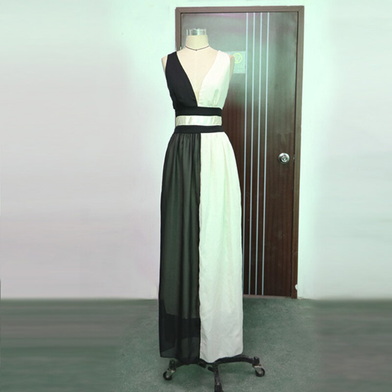 Novo vestido de verão temperamento feminino magro sexy sem mangas cor combinando contraste vestido saia longa estilo europeu