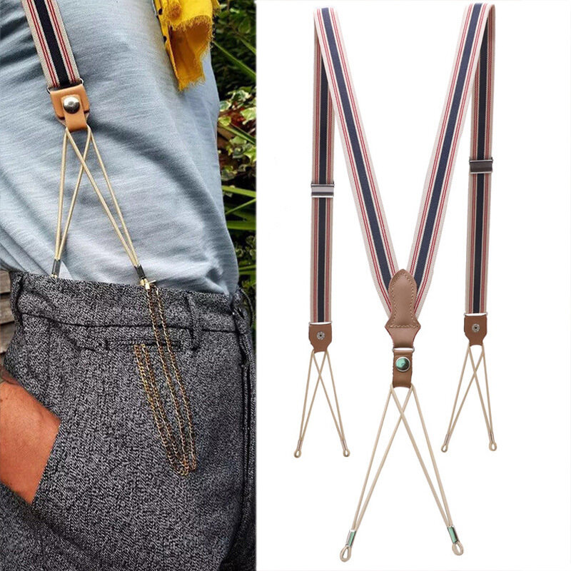2.5cm Width Fashion Suspenders Men Adult Genuine Leather Trimmed Button End Y Back Adjustable Elastic Trouser Braces Strap Belt