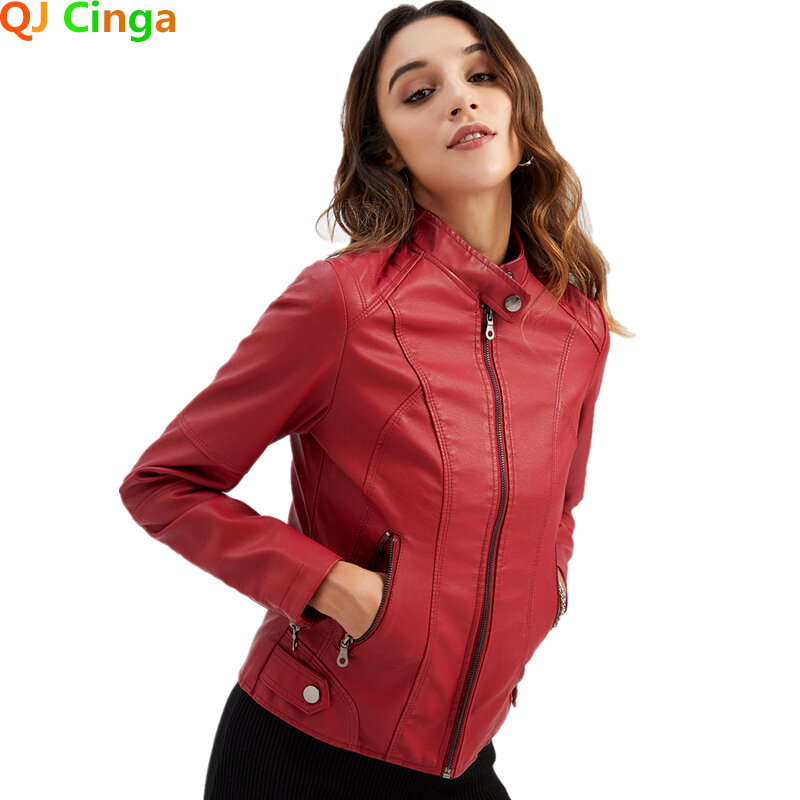 Vermelho jaqueta do plutônio das mulheres gola vertical zíper motocicleta feminina jaqueta de couro moda casaco casual feminino outerwear preto roxo