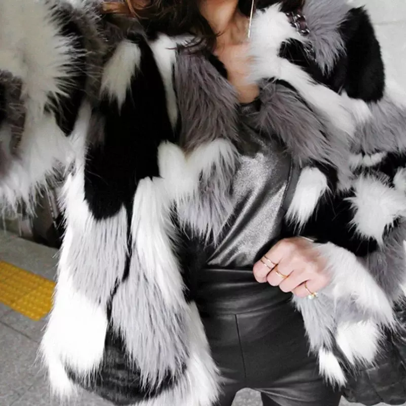 Casaco de pele sintética quente feminino, jaqueta camuflada grande, retalhos, retrô, 6XL, moda inverno, 2024