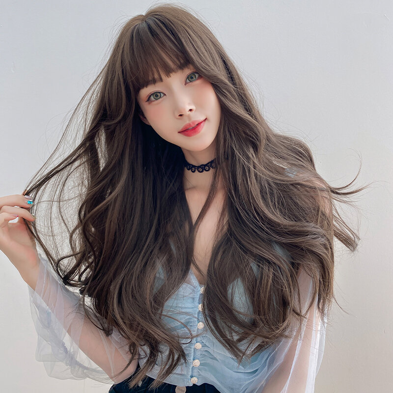 7JHH WIGS Loose Body Wave Cool Brown Wigs with Neat Bangs High Density Synthetic Wavy Brown Hair Wigs with Air Bangs Routine Wig