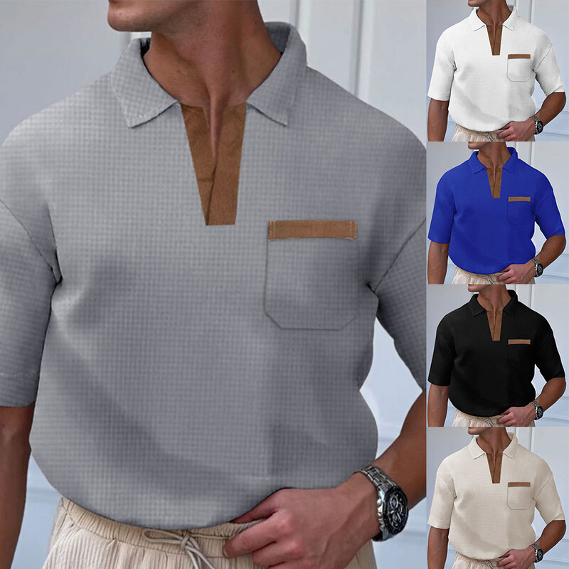 Мужская офисная футболка с коротким рукавом, V-образным вырезом и лацканами