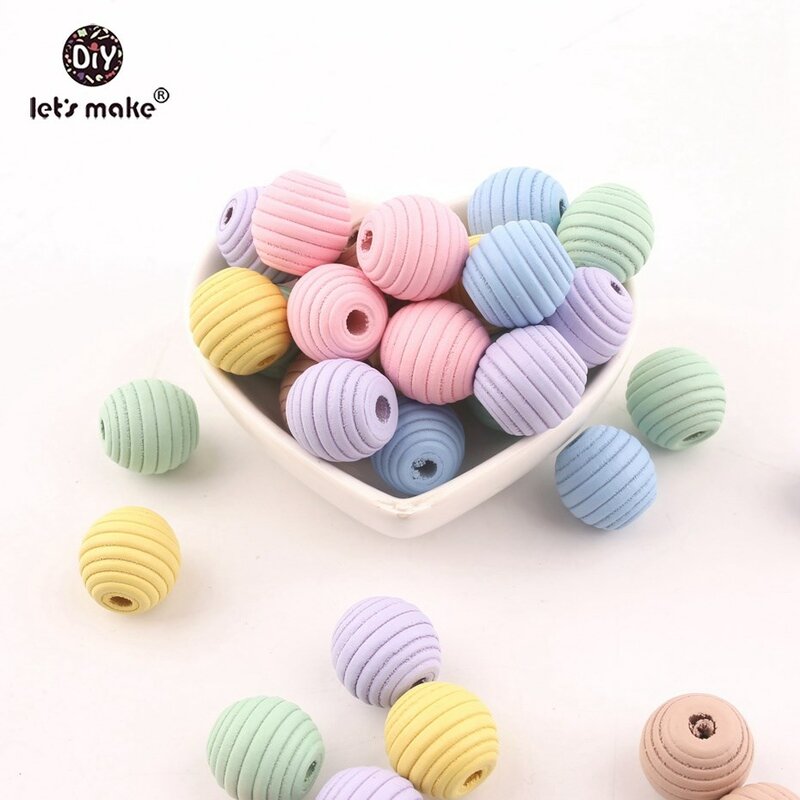 Let's Make Wood Teether Beads 50PCS 18mm Unfinished Non-toxic Natural Wooden Beads Screw Thread Carved Ball Bead Baby Teether