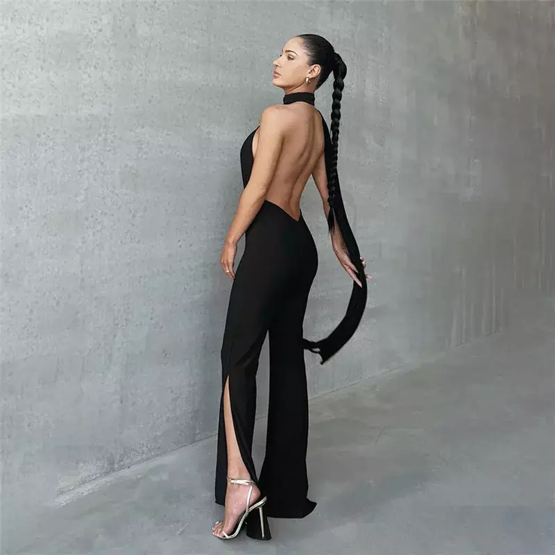 Cut Out Deep V Wrap Around Halter Sexy Backless Flare Side Slit Pants Jumpsuits Fashion Outfits Women One-Piece Rompers Overalls