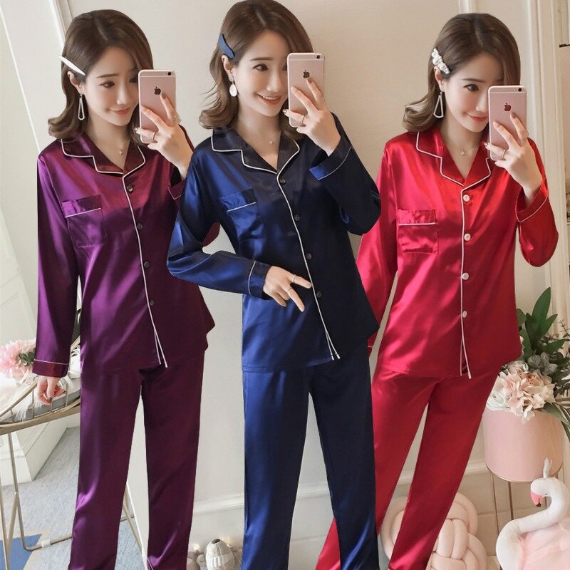 Conjunto de Pijama de satén de seda para mujer, ropa de dormir, traje de dormir femenino, conjunto de dos piezas