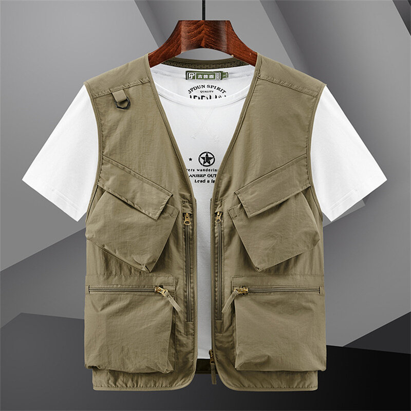 2024 New Men's Multi-Pocket Vest Casual Workwear V-neck Sleeveless Jacket Men Photography Hiking Fishing Cargo Tool Waistcoat