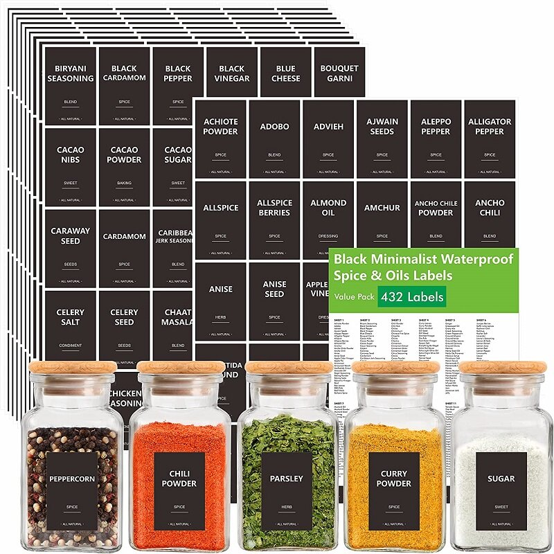 275PCS Spice Jar Lagerung Etiketten Schwarz Wasserdicht Und Öl-proof Aufkleber Küche Zimmer Spice Jar Etiketten Küche Gewürz glas Aufkleber