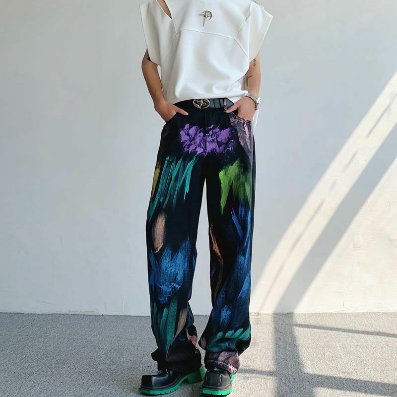 Pantalones vaqueros con diseño de pintura pintada a mano para hombre, estilo americano, sueltos, rectos, informales, de calle alta, gran oferta
