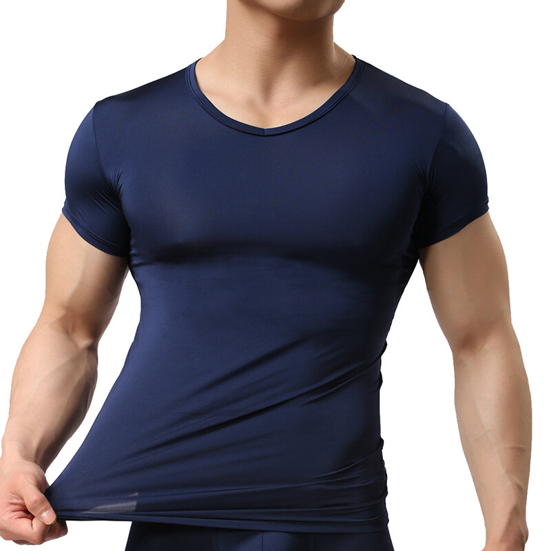 Men's Sheer Undershirts Man Ice Silk Mesh See through Basics Shirts Sexy Fitness Bodybuilding Underwear