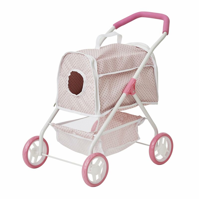 2-in-1 Pink/Gray Polka Dots Princess Stuffed Animal Stroller with Detachable Toy Carrier