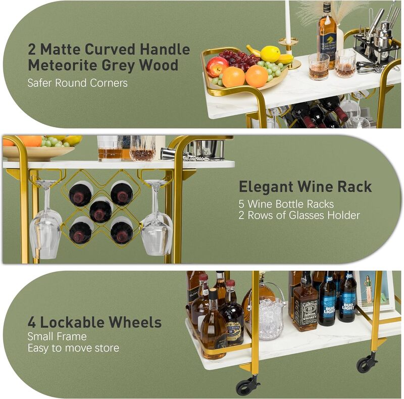 2-poziomowe wózek barowy półki z 8 stojakami na wino i 4 rzędami szklanych uchwytów, biały wózek na półki na napoje koktajlowe z 4 zamykanymi kołami
