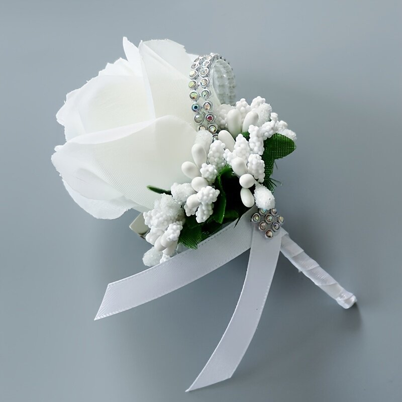 1/6 buah bunga Payudara putih pernikahan bunga mawar tunggal tiruan Barat kerah bunga tangan bunga Boutonniere pergelangan tangan korsase