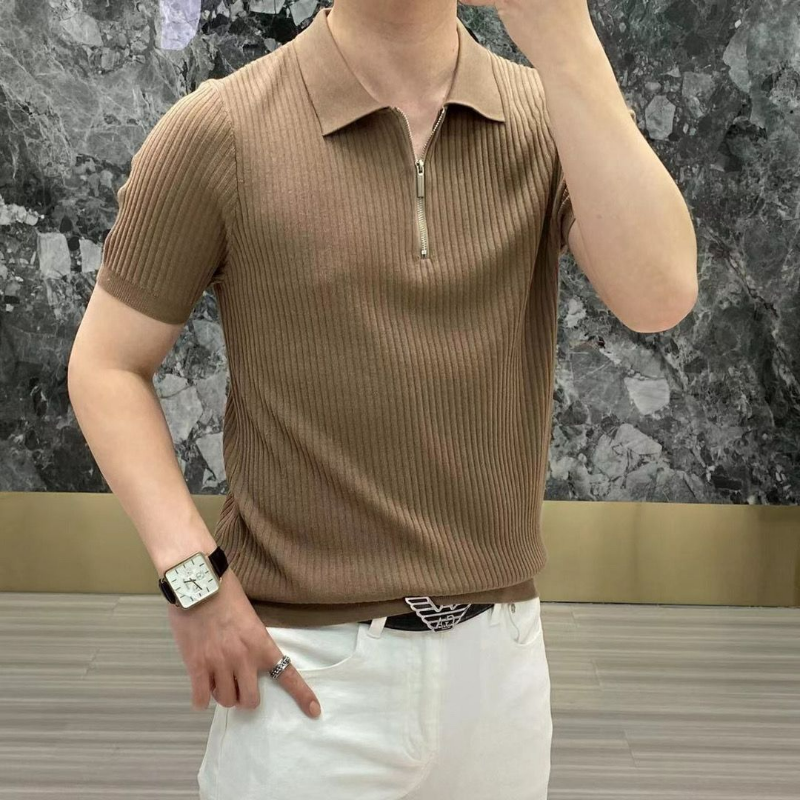 2024 Summer Thin Ice Silk Cool Men's Polo Shirt Solid Lapel Zipper Patchwork Smart Casual Elastic Breathable Short Sleeved Top