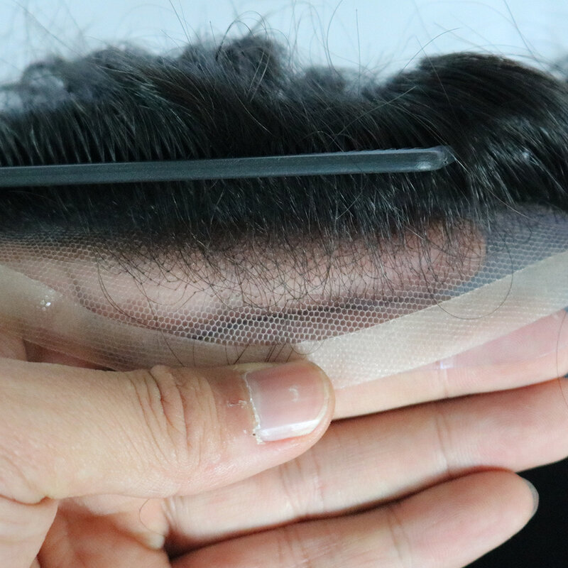 Pelucas de cabello humano con encaje Frontal para hombres, tupé transpirable, encaje suizo y Base de PU, rayita Natural, piezas de cabello masculino, sistema de prótesis