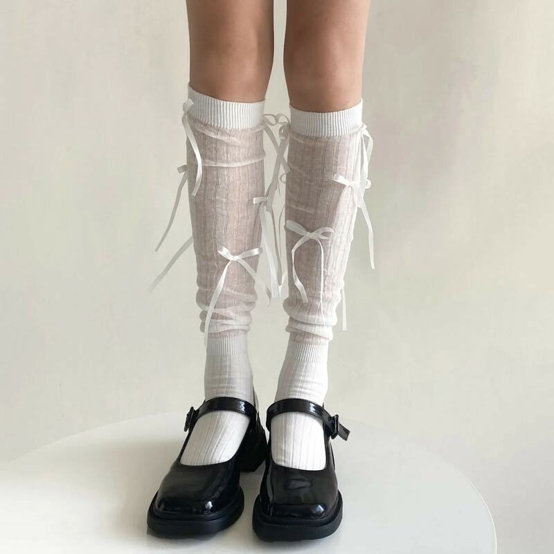 Meias longas de lolita para joelho para mulheres, meias JK, garotas doces, bandagem, laço, meias altas para coxa, estilo kawaii, balé