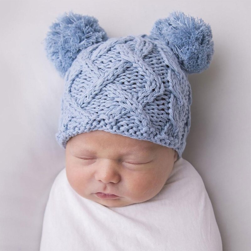 K5dd chapéu para fotografia bebê recém-nascido, gorro quente malha, urso desenho animado, pom pom, chapéu, adereços 0-6