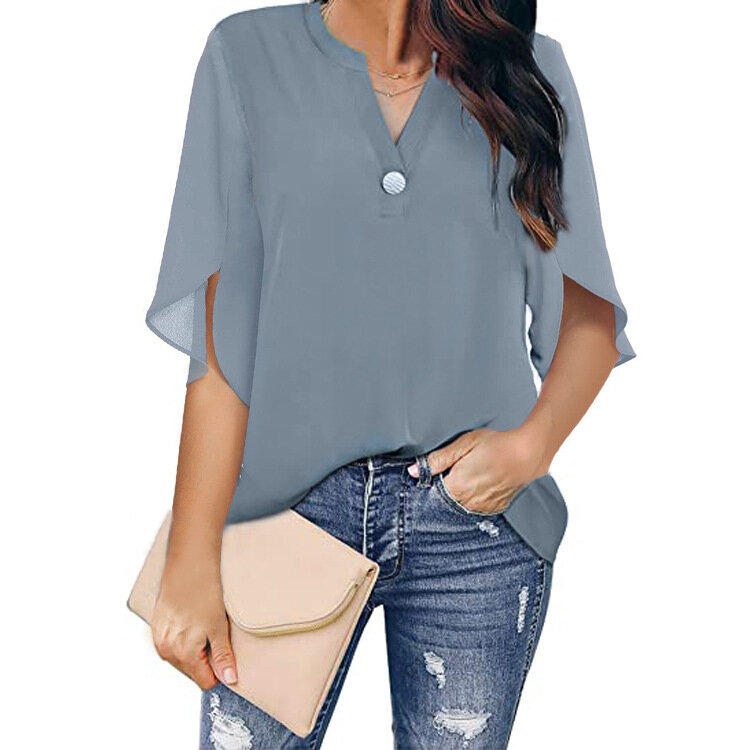 Summer Women's Tops 2023 Fashion New Short-sleeved Casual Shirt Solid Color Button V-neck Tops Female
