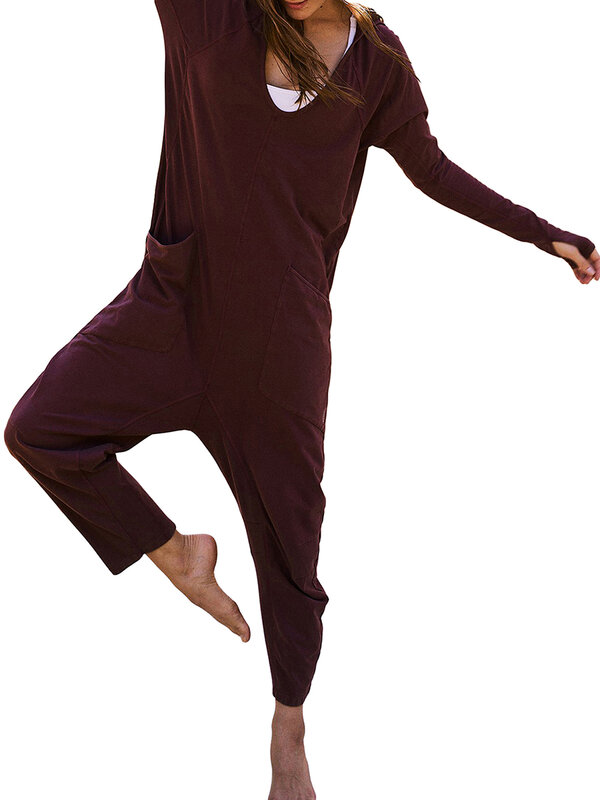 Mono holgado de manga larga para mujer, mono con capucha y bolsillos, ropa de calle para discoteca, Color sólido