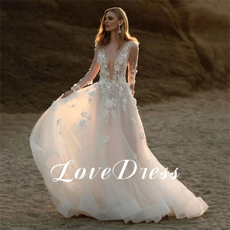 Love Elegant Lace Applique Tulle A-Line Wedding Dresses Long Sleeve Deep V-Neck Backless Floor Length Bride Gowns Robe de mariée