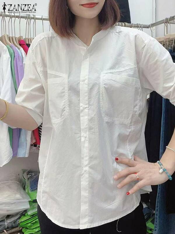 ZANZEA-Camisa de trabajo de oficina para mujer, blusa lisa de media manga con botones y cuello levantado, Túnica elegante para verano, 2024