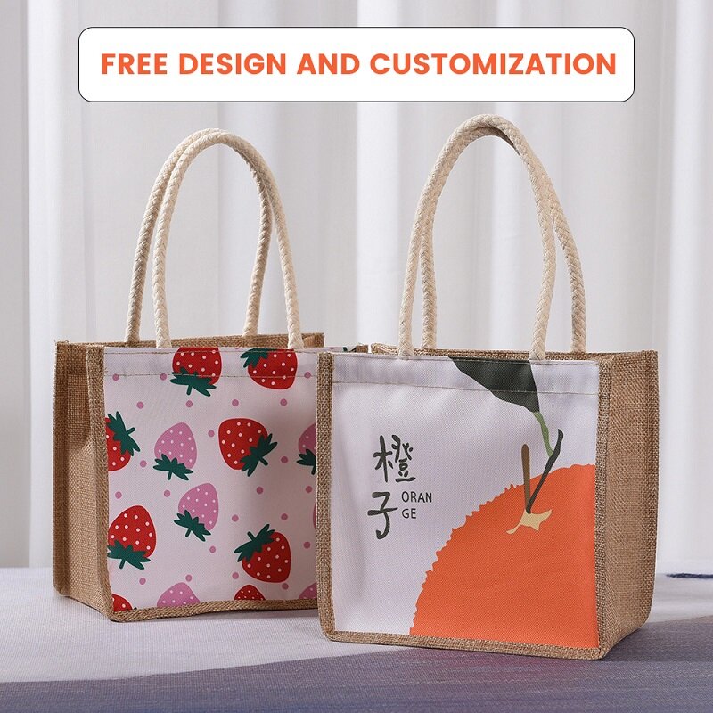 Printed Linen Bag Shopping Bags  Cartoon Handbag Lunch Bag Shopping Bag Portable Travel Dinner Container Bento Bag Tote