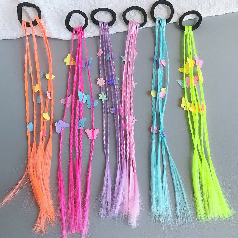 Girls Synthetic Colorful Braids Hair Extensions With Rubber Bands Rainbow Braided Hairpieces Ponytail Hair Accessories For Girls