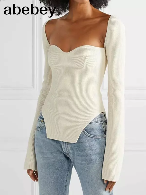 Новинка 2022, модная женская одежда на весну и лето, пикантный пуловер с квадратным воротником и длинными рукавами, эластичный, с высокой талией, WK080